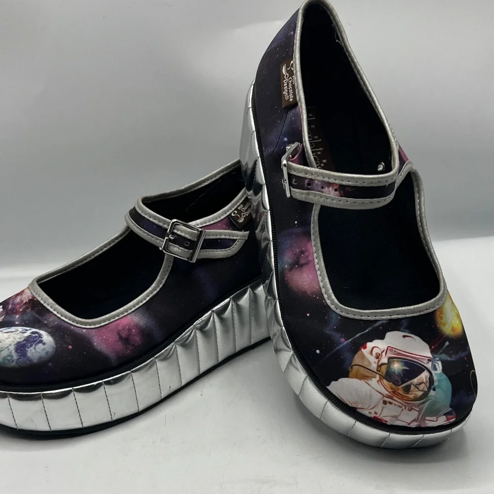 Galaxy Astronaut Platform Mary Janes - Silver Platform, Purple Galaxy Print - Picture 3 of 11